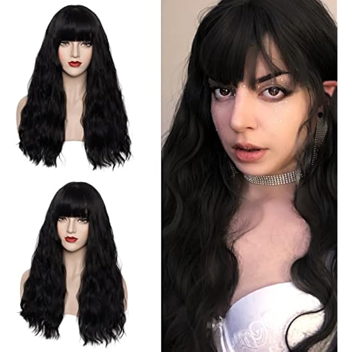 DILLARDS Dwmglp 21 Long With A Bang Black Wavy Wig For Women Girls Curly Heat Resistant Fiber Wigs Halloween Cosplay Daily Party+Cap (Yz-Black) - Image 5